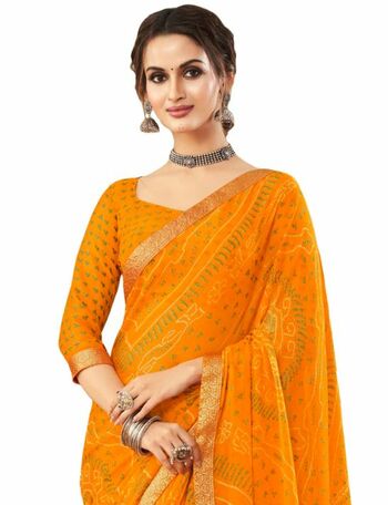 Chiffon Yellow Color Saree With Blouse Piece by MGC