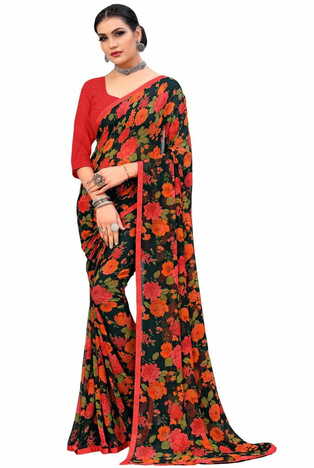 MGC Georgette Black Colour saree with blouse Piece  SP246