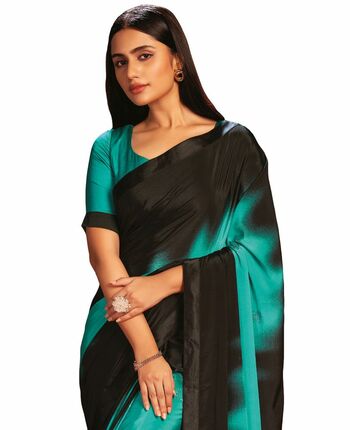 MGC CREPE Turquoise and Black colour saree with blouse piece SP1028