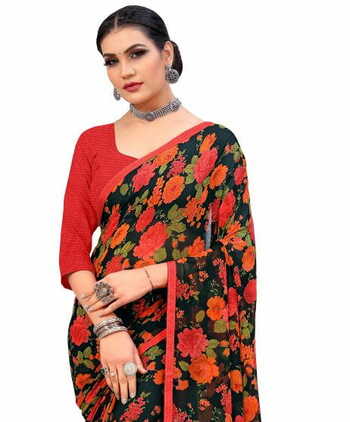 MGC Georgette Black Colour saree with blouse Piece  SP246