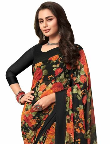 MGC Chiffon Black  colour saree with blouse piece SP961