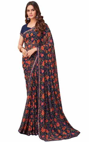 Georgette Navy Color Saree With Blouse Piece by MGC