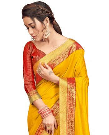 Vichitra Silk Yellow Color Saree With Blouse Piece by MGC