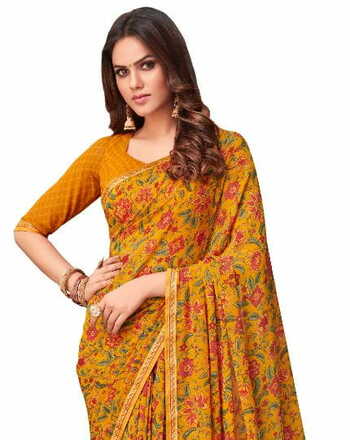 Georgette Yellow Color Saree With Blouse Piece by MGC