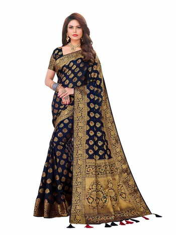 MGC Soft Silk Rich Pallu With Meena Black Colour Saree With Blouse Piece Sp572