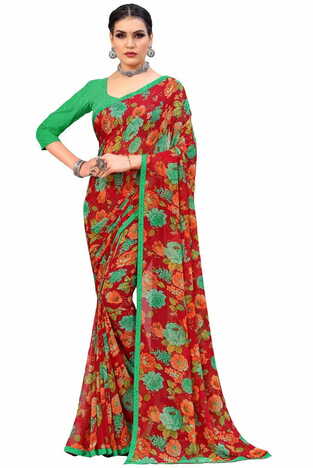 MGC Georgette Red Colour saree with blouse Piece  SP243