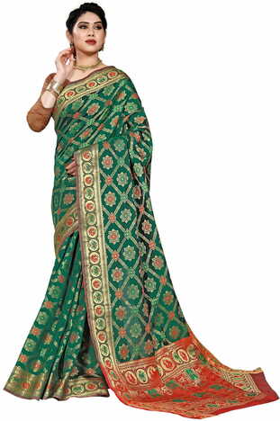 MGC Jacquard Silk Green Colour Saree With Blouse Piece SP393