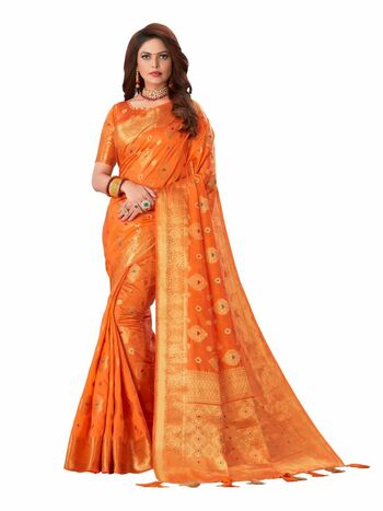 MGC Soft Silk Rich Pallu With Meena Orange Colour Saree With Blouse Piece Sp573