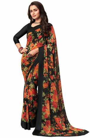 MGC Chiffon Black  colour saree with blouse piece SP961