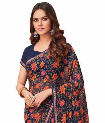 Georgette Navy Color Saree With Blouse Piece by MGC