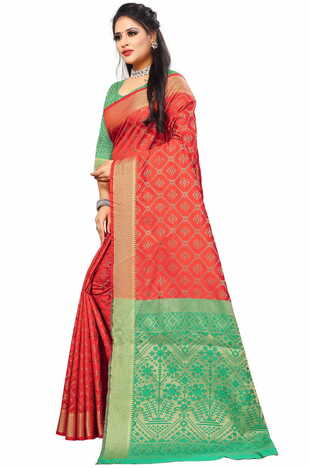 MGC Silk And  Jacquard Red Color Saree SP67