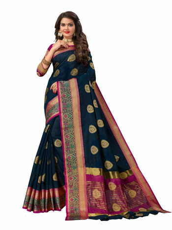 MGC Mercerised Cotton Silk  Navy Blue Colour Saree With Blouse Piece Sp576