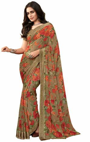 MGC Chiffon Beige colour saree with blouse piece SP962