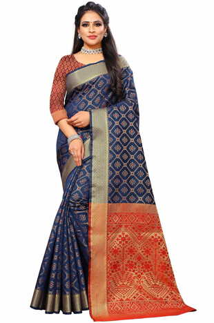 MGC Silk And  Jacquard Blue Color Saree SP66