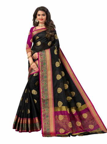 MGC Mercerised Cotton Silk  Black Colour Saree With Blouse Piece Sp578