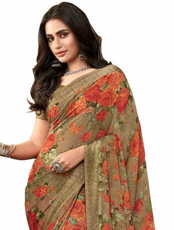 MGC Chiffon Beige colour saree with blouse piece SP962