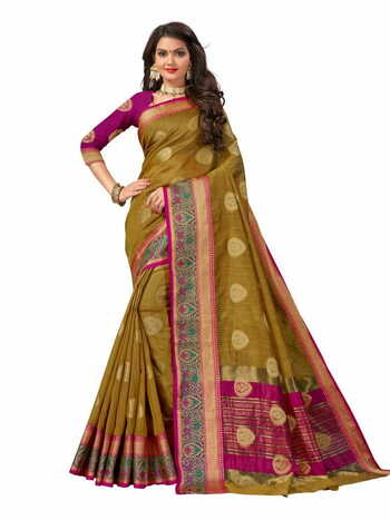 MGC Mercerised Cotton Silk  Mehndi Colour Saree With Blouse Piece Sp579