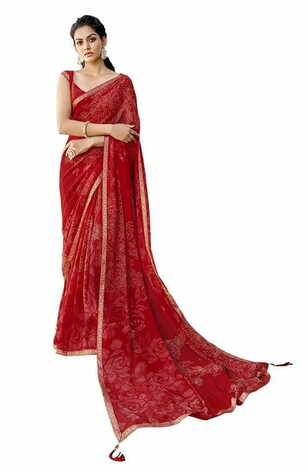 MGC Georgette  Red  colour saree with blouse piece SP781