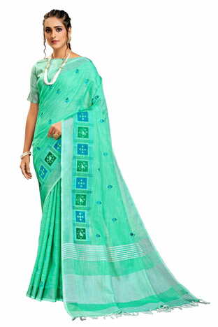 MGC Pure Linen Ebroidery  Green Colour Saree With Blouse Piece Sp565