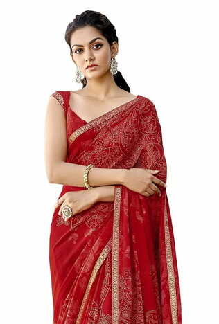 MGC Georgette  Red  colour saree with blouse piece SP781