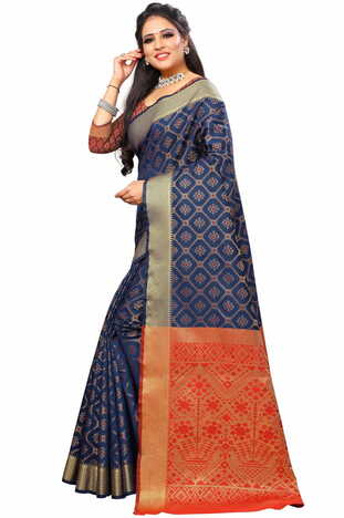 MGC Silk And  Jacquard Blue Color Saree SP66