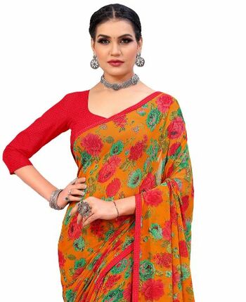 MGC Georgette Orange Colour saree with blouse Piece  SP245