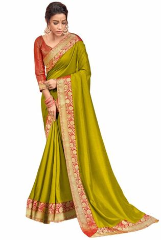 Vichitra Silk Yellow Green Color Saree With Blouse Piece by MGC