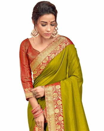 Vichitra Silk Yellow Green Color Saree With Blouse Piece by MGC