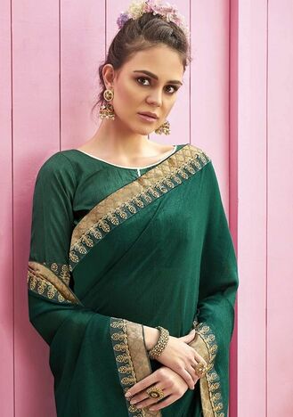 MGC Chanderi Silk & Georgette Green colour saree with blouse piece SP788