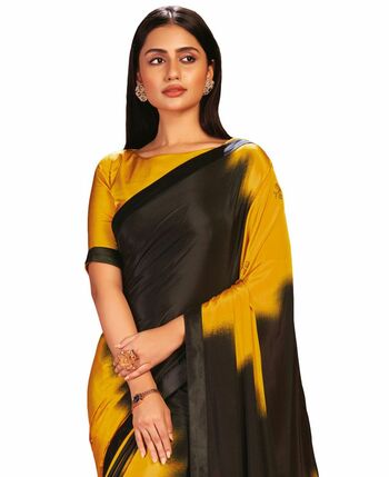 MGC CREPE Yellow and Black colour saree with blouse piece SP1032