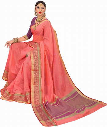 MGC Cotton Peach Colour saree with blouse Piece  SP252