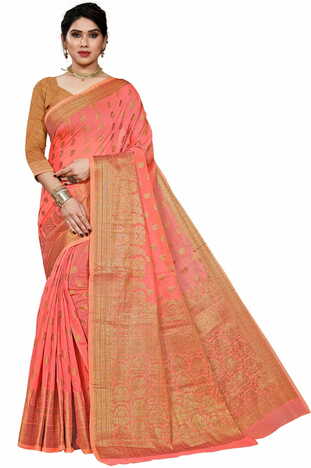 MGC Cotton Jacquard Peach Colour Saree With Blouse Piece SP400