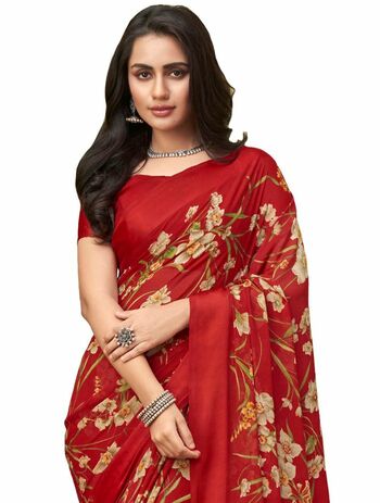 MGC Chiffon Red colour saree with blouse piece SP968