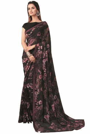 Georgette Black Color Saree With Blouse Piece by MGC