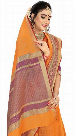 MGC Cotton Orange Colour saree with blouse Piece  SP247