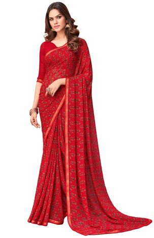 Georgette Red Color Saree With Blouse Piece by MGC