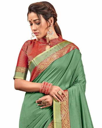 Vichitra Silk Sea Green Color Saree With Blouse Piece by MGC