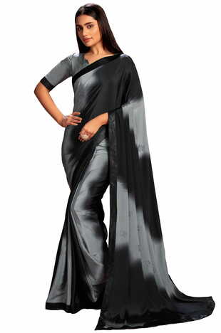 MGC CREPE Grey and Black colour saree with blouse piece SP1029