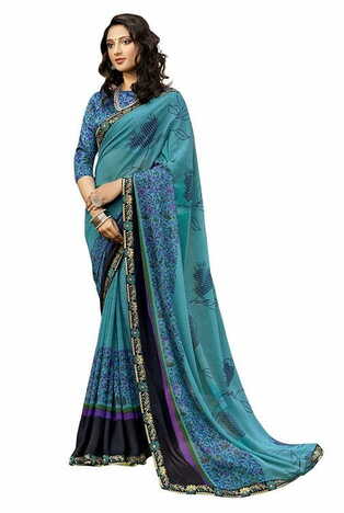 MGC Georgette  Turquoise colour saree with blouse piece SP856