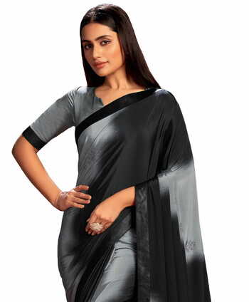 MGC CREPE Grey and Black colour saree with blouse piece SP1029