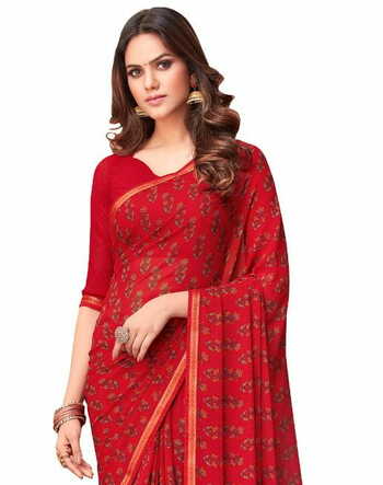 Georgette Red Color Saree With Blouse Piece by MGC