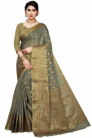 MGC Cotton Jacquard Grey Colour Saree With Blouse Piece SP398