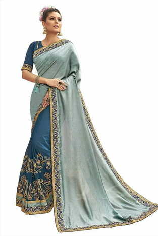 MGC Chanderi Silk & Georgette  Blue & Grey, colour saree with blouse piece SP787