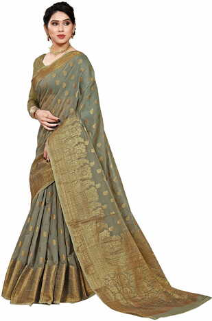 MGC Cotton Jacquard Grey Colour Saree With Blouse Piece SP398