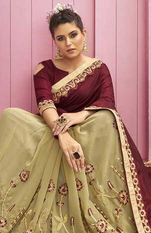 MGC Chanderi Silk & Georgette Beige & Maroon colour saree with blouse piece SP786