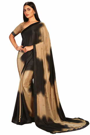 MGC CREPE Beige and Black colour saree with blouse piece SP1031