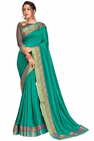 Vichitra Silk Turquoise Color Saree With Blouse Piece by MGC