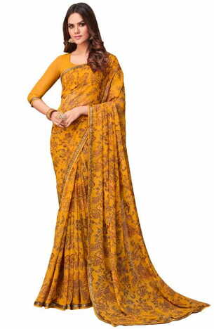 Georgette Yellow Color Saree With Blouse Piece by MGC