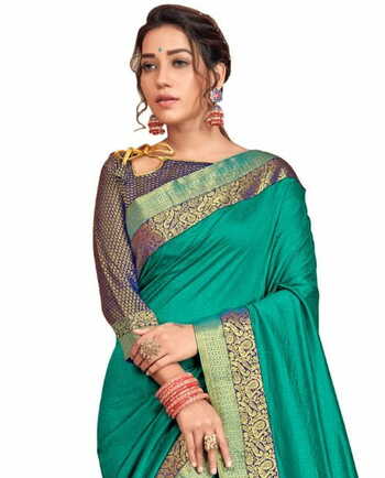 Vichitra Silk Turquoise Color Saree With Blouse Piece by MGC