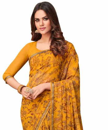 Georgette Yellow Color Saree With Blouse Piece by MGC